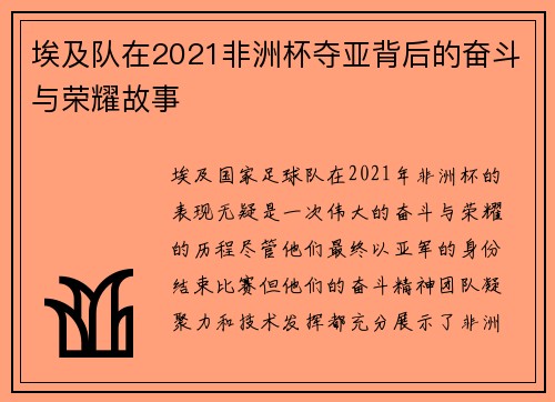 埃及队在2021非洲杯夺亚背后的奋斗与荣耀故事 埃及队在2021非洲杯夺亚背后的奋斗与荣耀故事